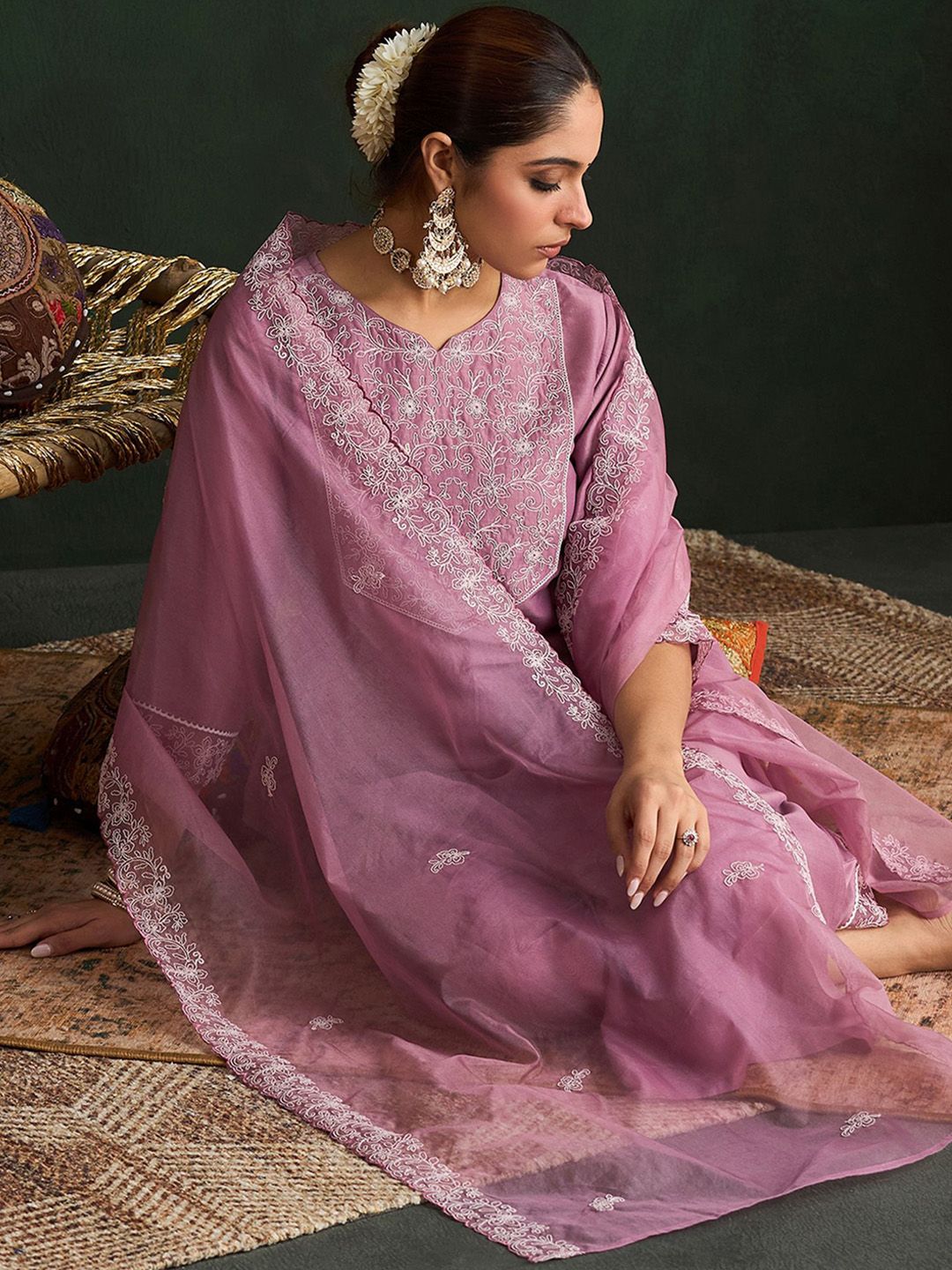 Indo Era Women Floral Yoke Design Regular Thread Work Kurta with Trousers & With Dupatta