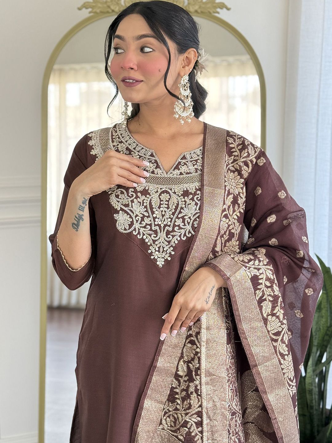 KALINI Yoke Design Sequunied Notch Neck Pure Silk Straight Kurta With Trousers & Dupatta