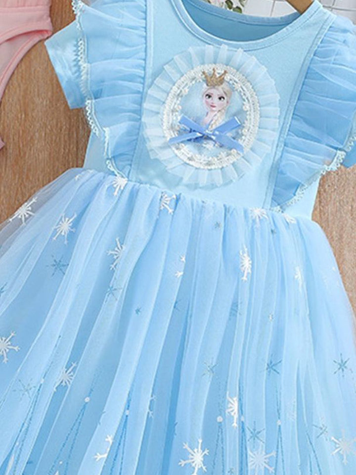 YK Girls Cartoon Characters Self Design Flutter Sleeves Fit and Flare Knee Length Dress