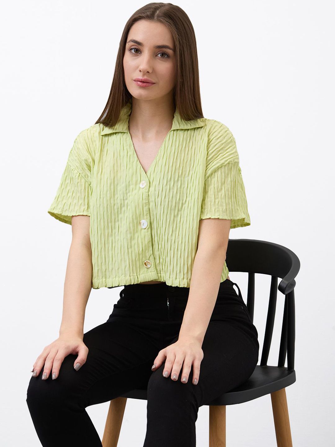 SPYKAR Women Boxy Fit Spread Collar Textured Casual Shirt