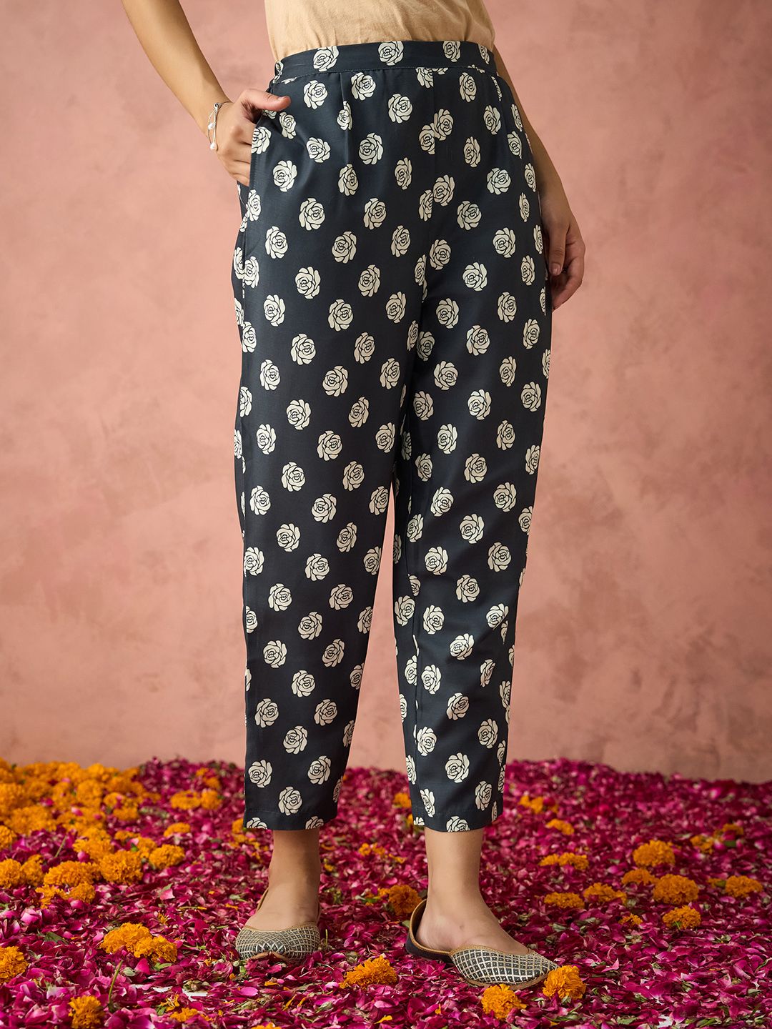 KALINI Floral Printed Regular Straight Kurta with Trousers