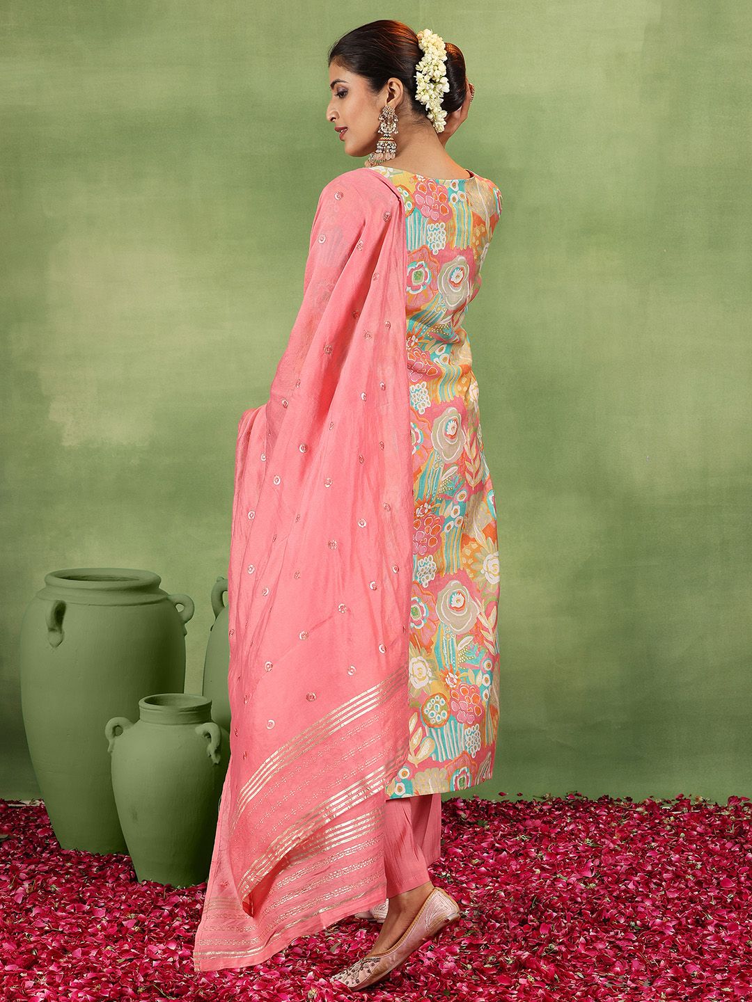 Libas Floral Embroidered Mirror Work Straight Kurta With Trousers & Dupatta