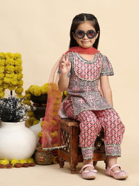Cutiekins Girls Ethnic Motifs Printed Puffed Sleeves Straight Kurta with Salwar & Dupatta