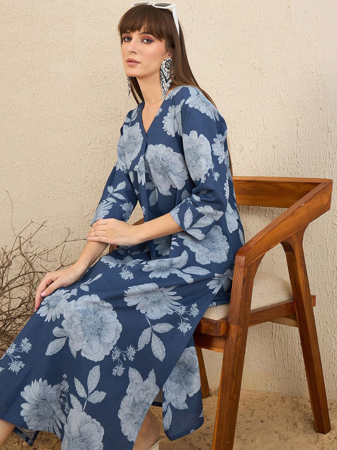 Indo Era Floral Printed Pleated V Neck Straight Kurta With Trousers