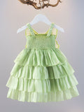YK Girls Self Design Smocked Detail Shoulder Straps A-Line Layered Dress