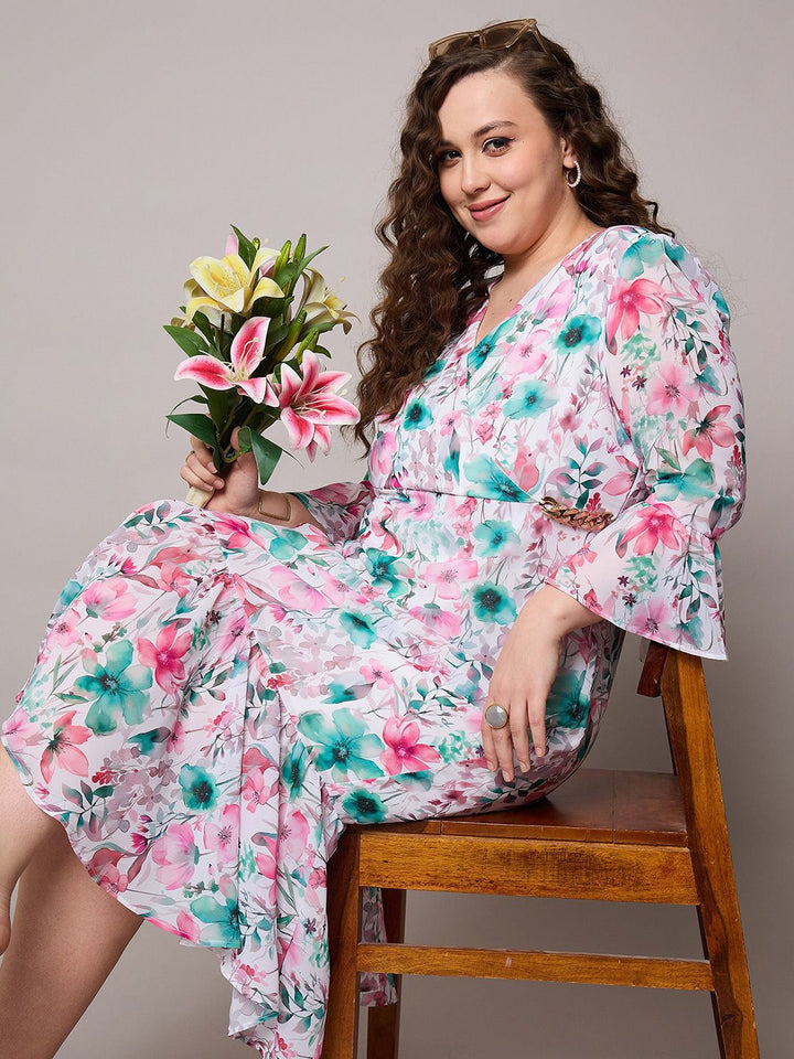 SASSAFRAS Curve Floral Print Flared Sleeve Georgette Midi Dress