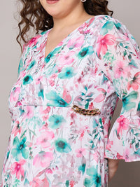 SASSAFRAS Curve Floral Print Flared Sleeve Georgette Midi Dress