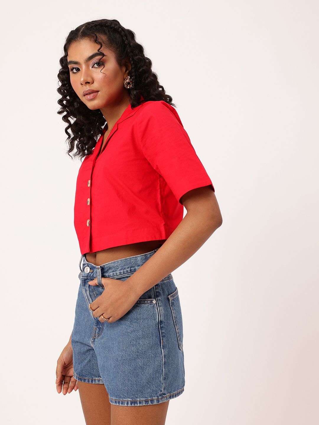 DressBerry Cherry Red Comfort Chic Crop Shirt