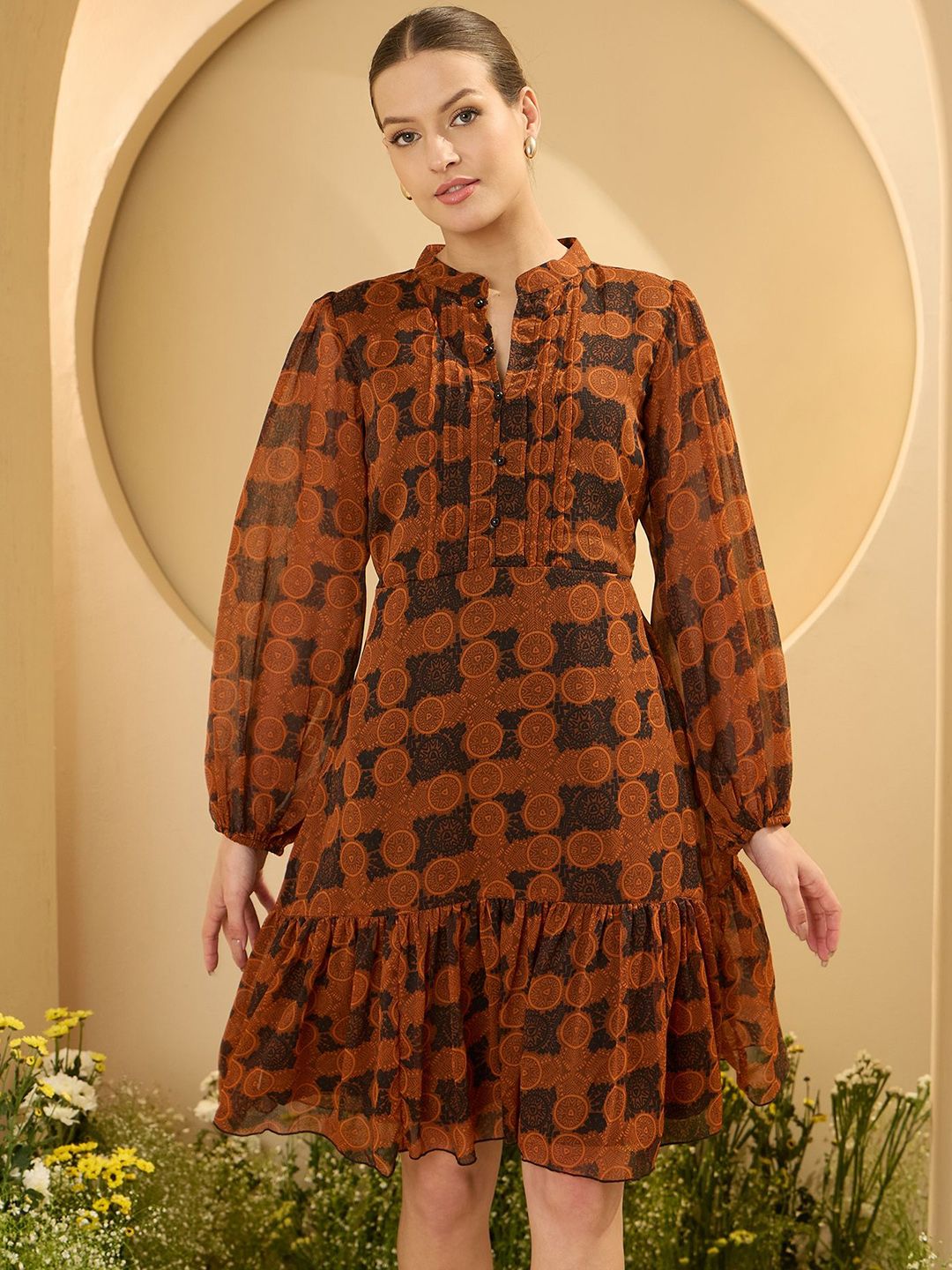 Antheaa Women Floral Print Bell Sleeve Chiffon A-Line Dress