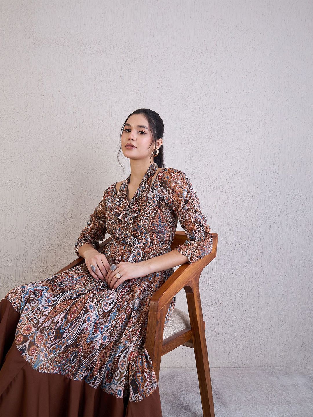 Antheaa Ethnic Motifs Printed Chiffon Fit & Flare Midi Dress