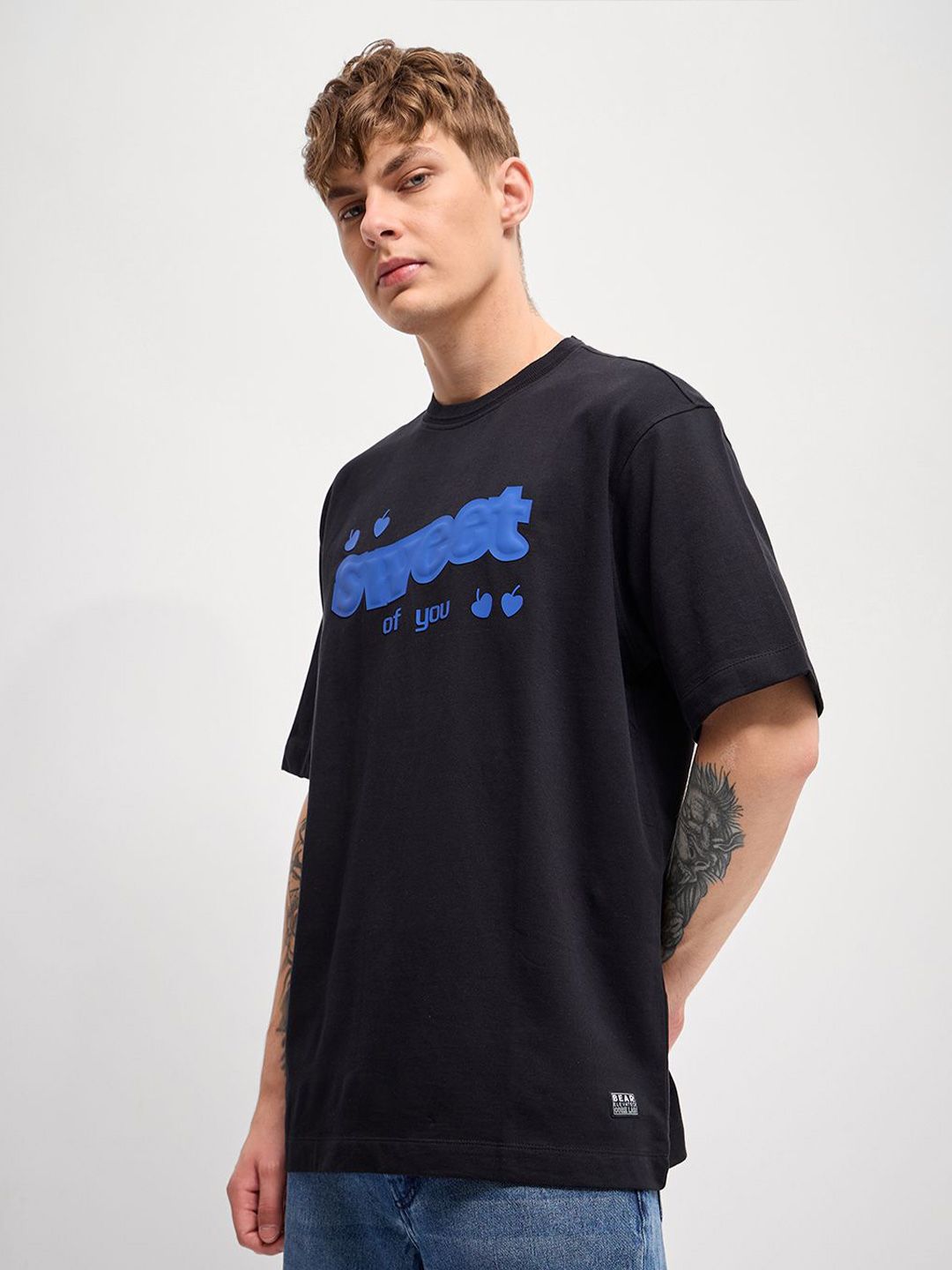 THE BEAR HOUSE Men Typography Printed Round Neck Pure Cotton Oversized T-shirt