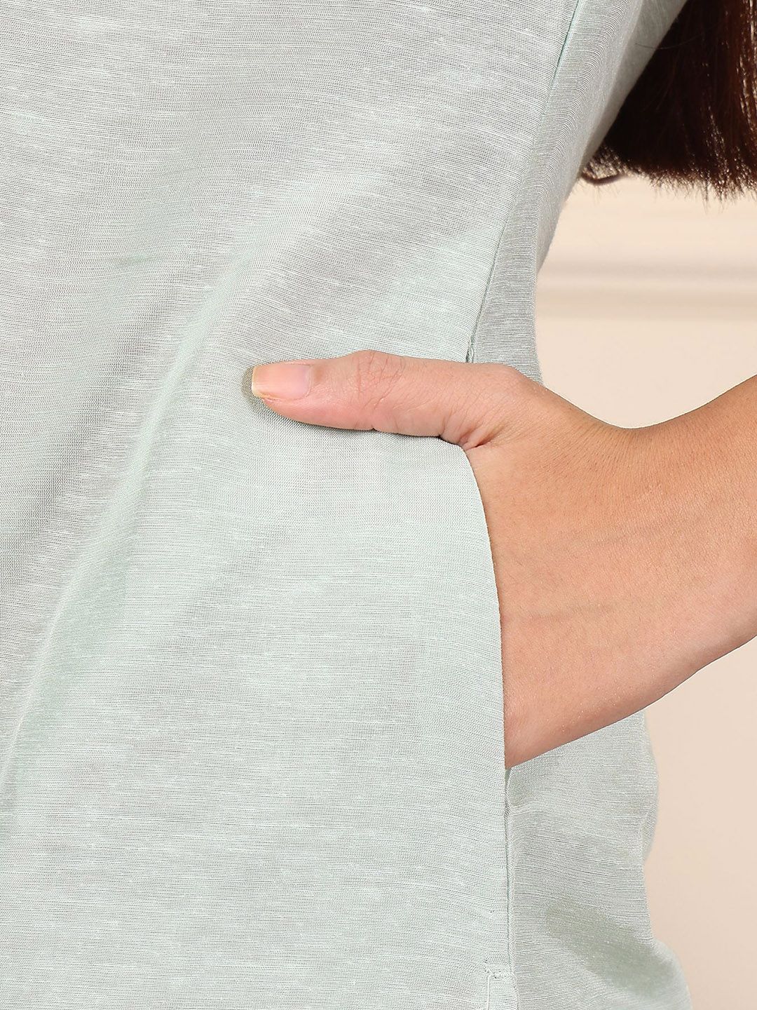 W Blue V-Neck Three-Quarter Sleeves Regular Linen Straight Kurta