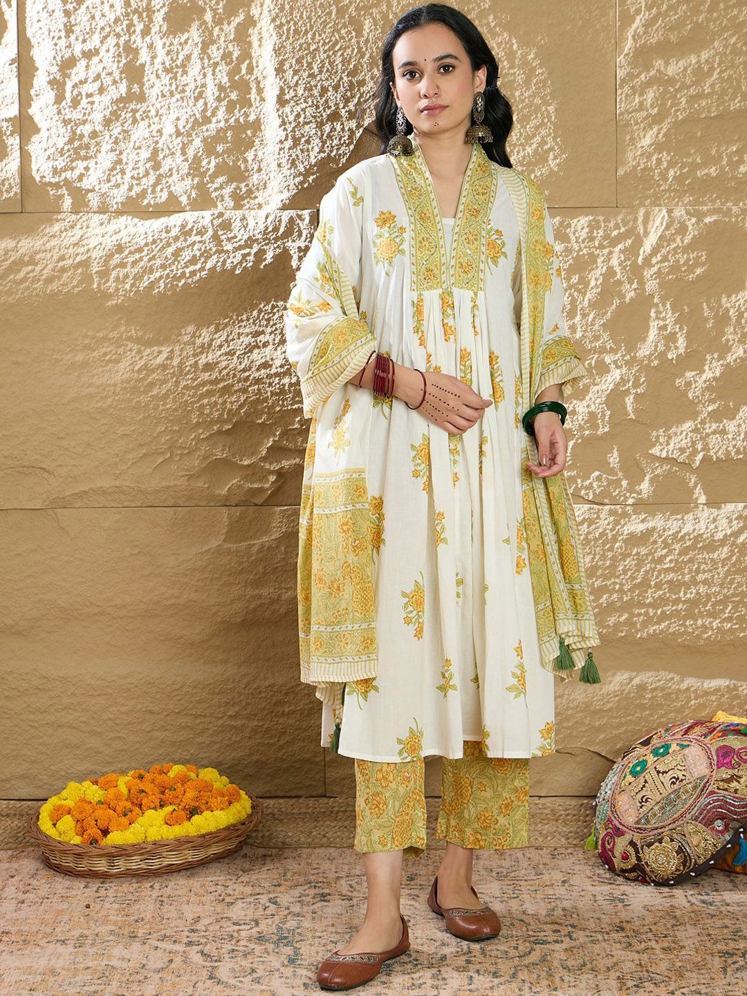 Indo Era Women Floral Printed Pleated Pure Cotton Kurta with Trousers & Dupatta