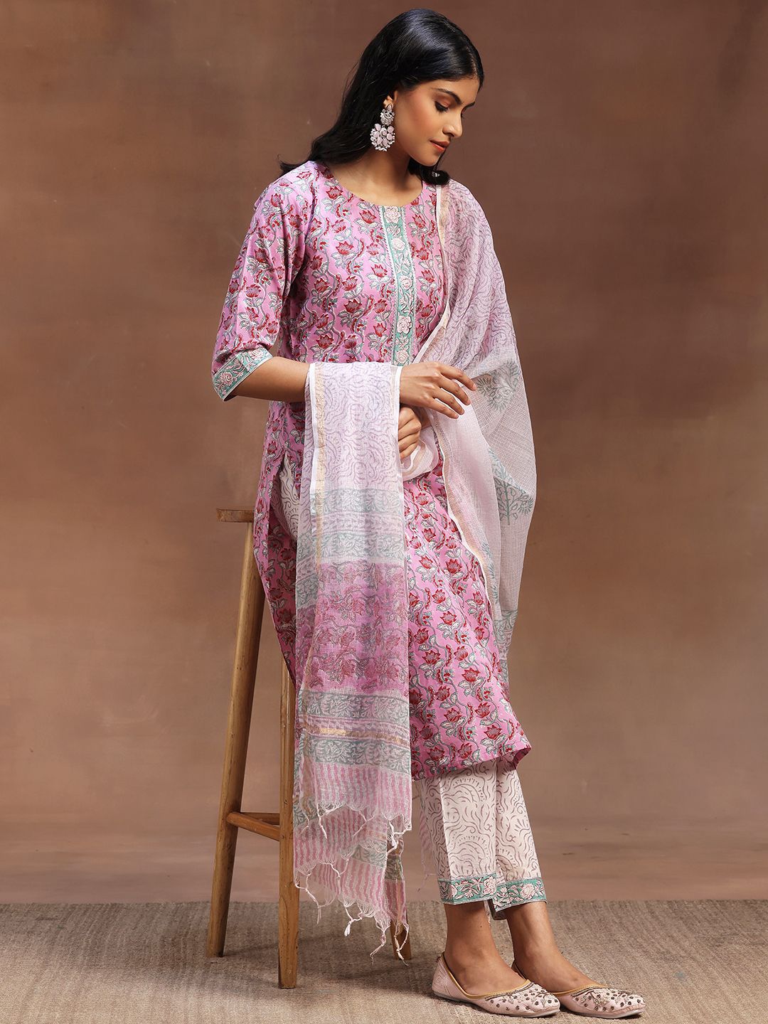 Libas Printed Regular Gotta Patti Pure Cotton Straight Kurta with Trousers & Dupatta