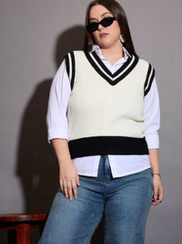 SASSAFRAS Curve Women Plus Size Striped  V-Neck Sweater Vest