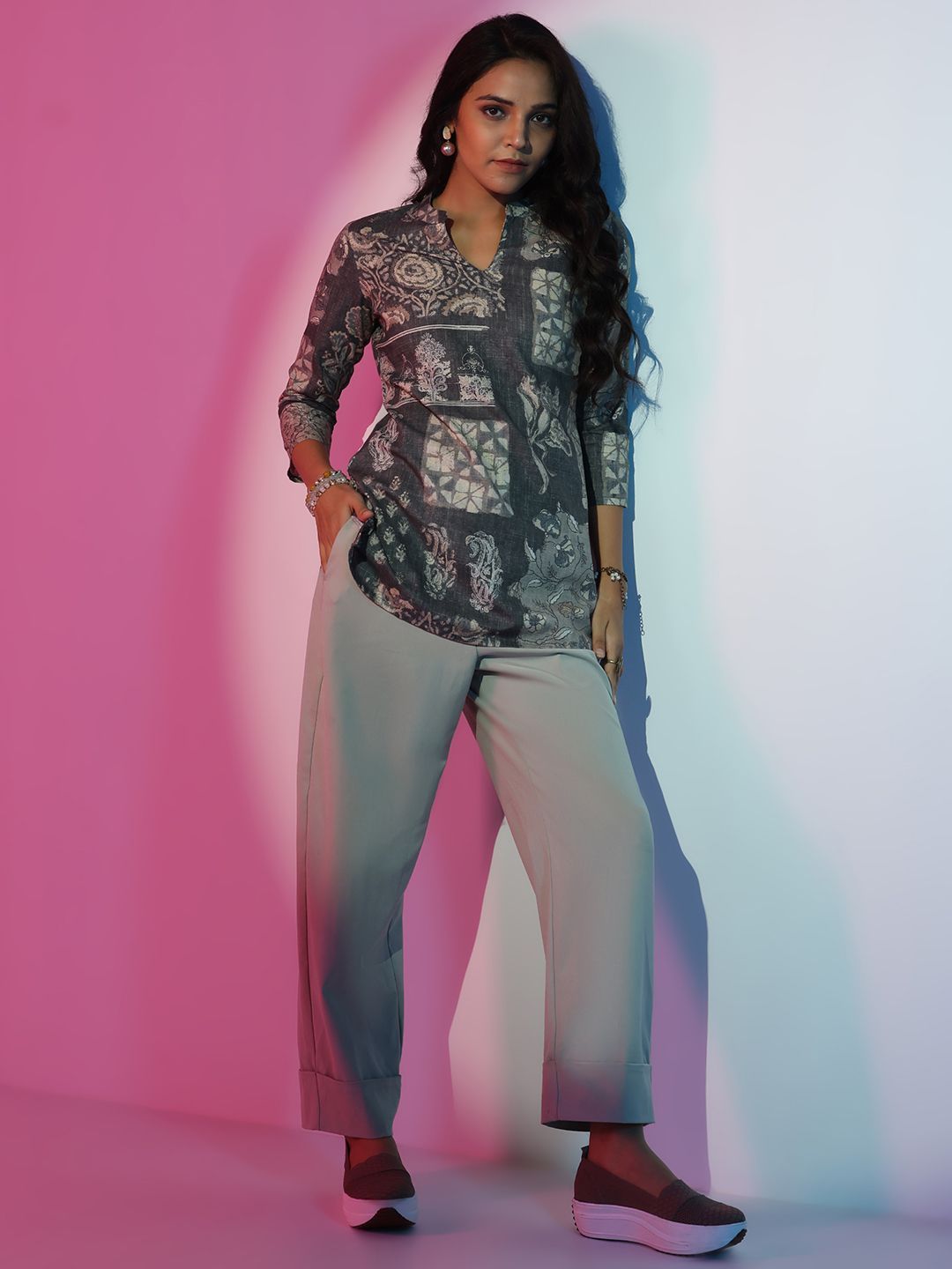 Libas Women Ethnic Printed Mandarin Collar Linen Kurti