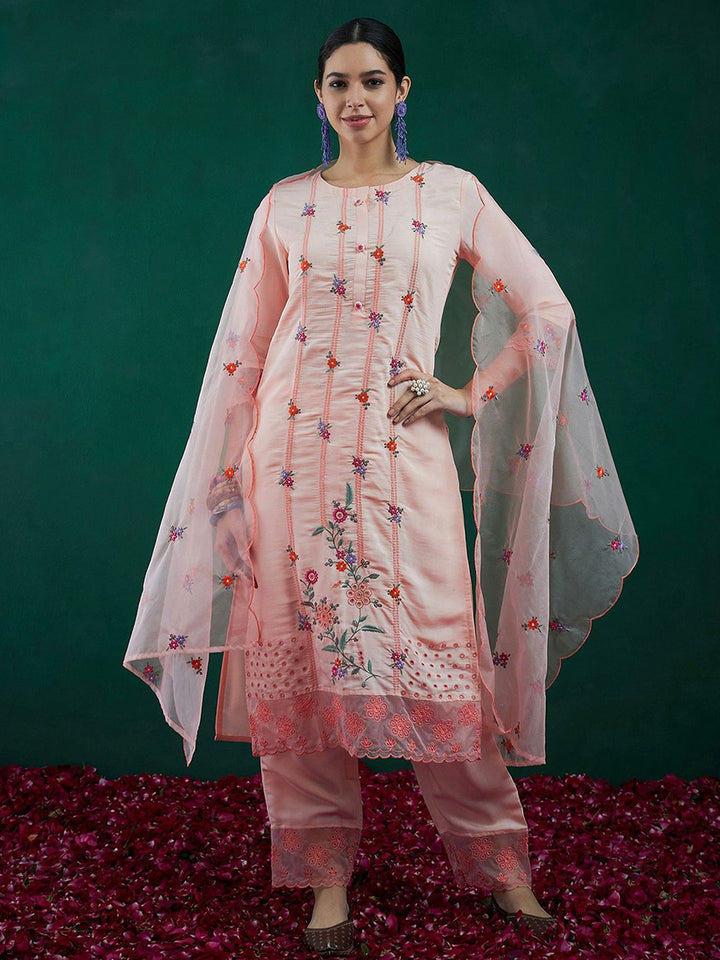 Indo Era Floral Embroidered Straight Kurta With Trousers & Dupatta