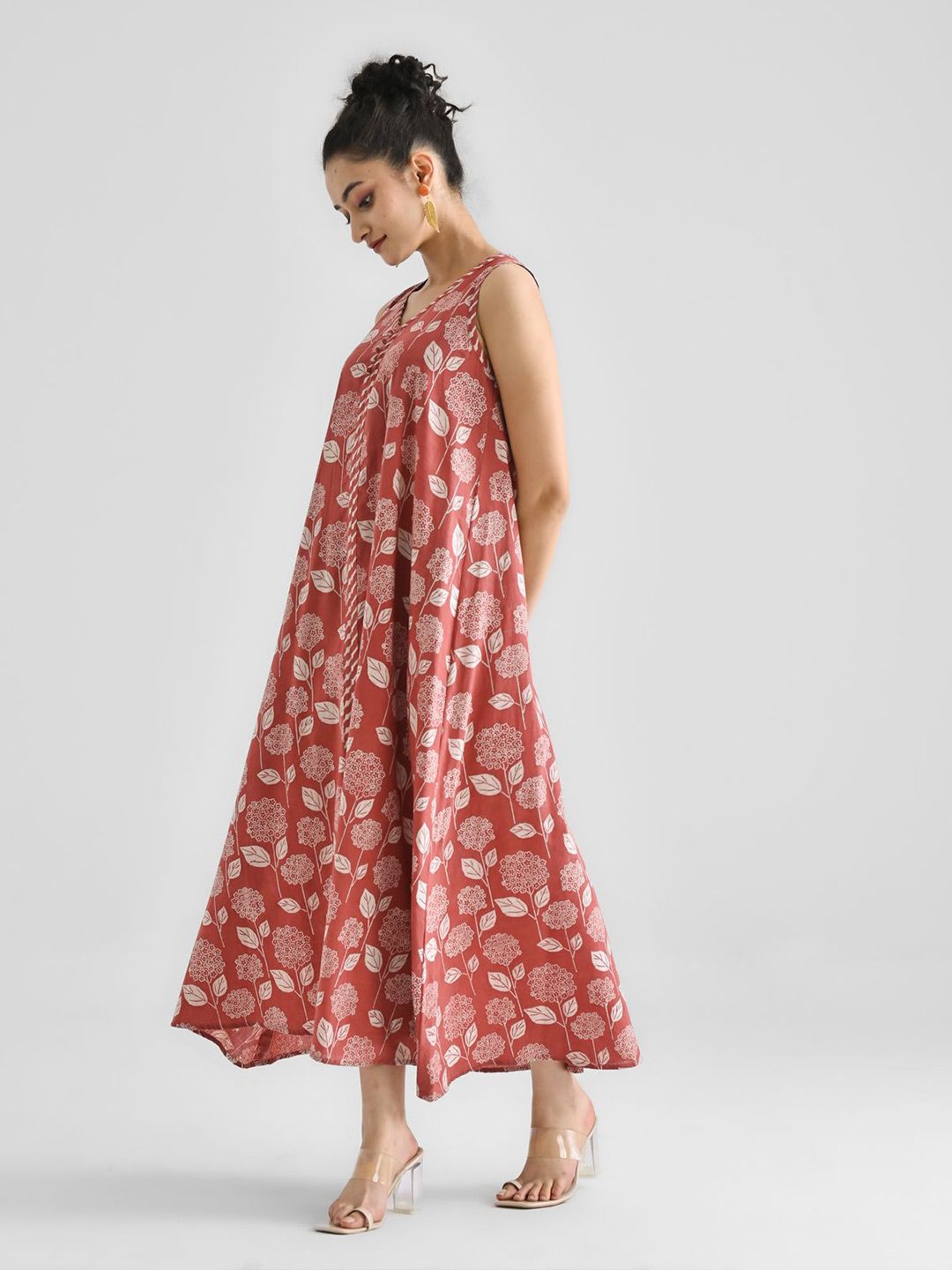 Rustorange Floral Printed Cotton A-Line Maxi Dress