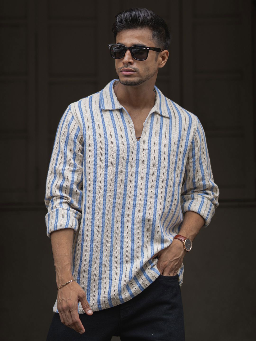 Baju Kasual Kapas Berjalur Menegak Kolar Lelaki Powerlook