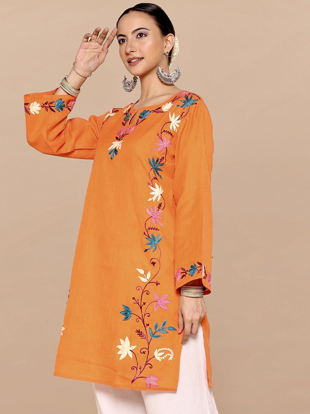 HOUSE OF KARI Falak Kashmiri Embroidered Flared Sleeves Thread Work Cotton Straight Kurta