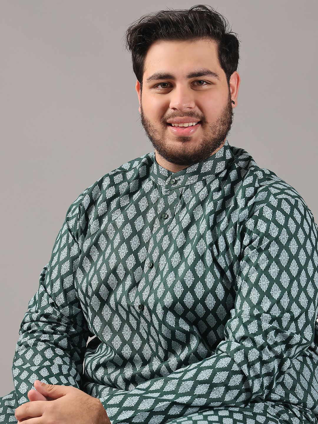 SOJANYA PLUS Saiz Motif Etnik Bercetak Kolar Jalur Kurta Lurus