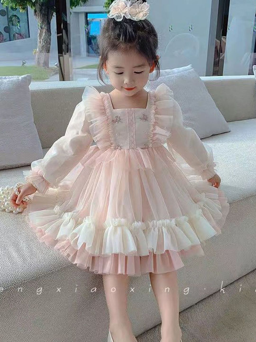 YK Kids-Girls Self Design Square Neck Fit and Flare Dress