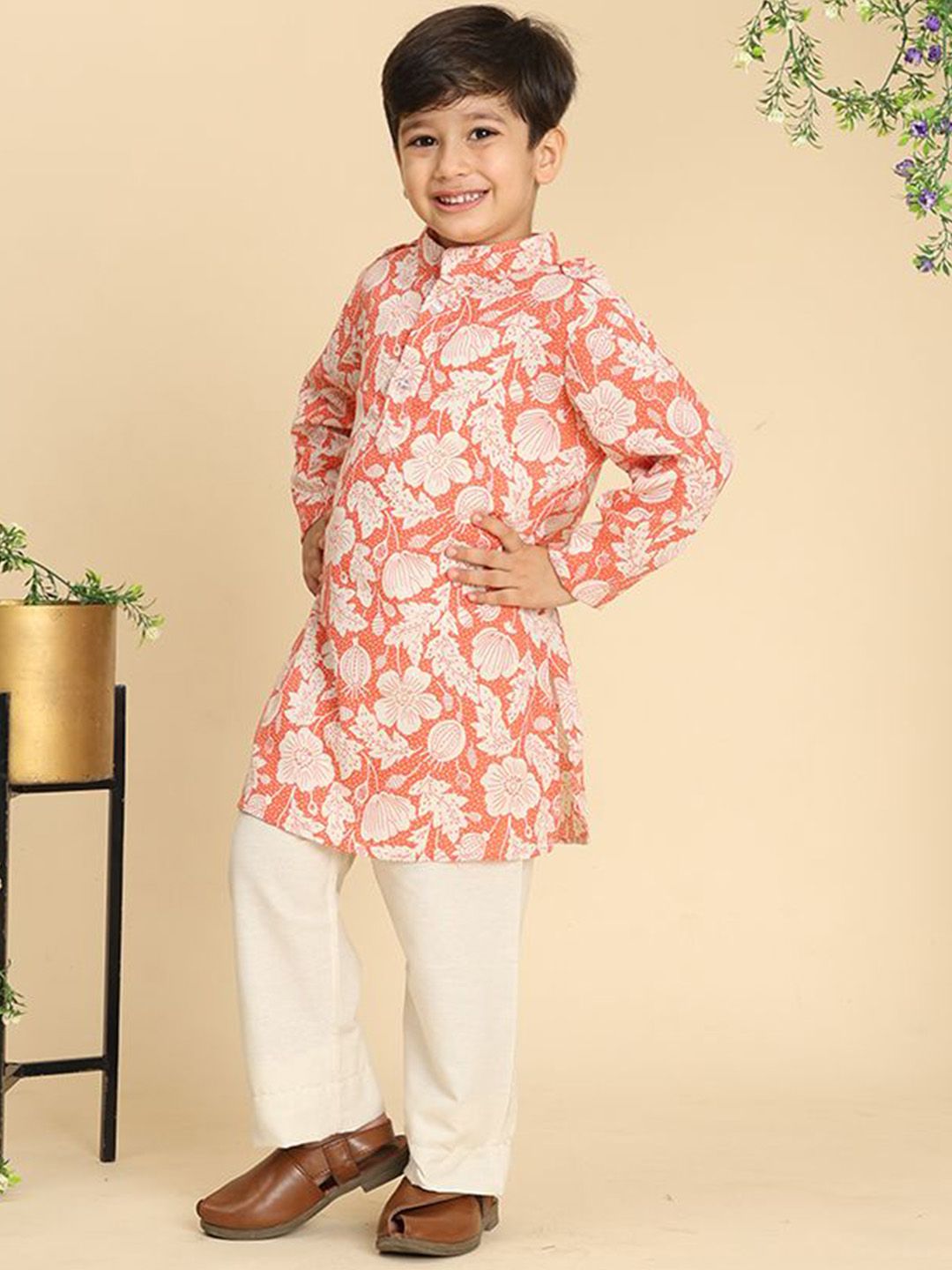 Cutiekins Boys Floral Printed Band Collar Straight Kurta With Trousers