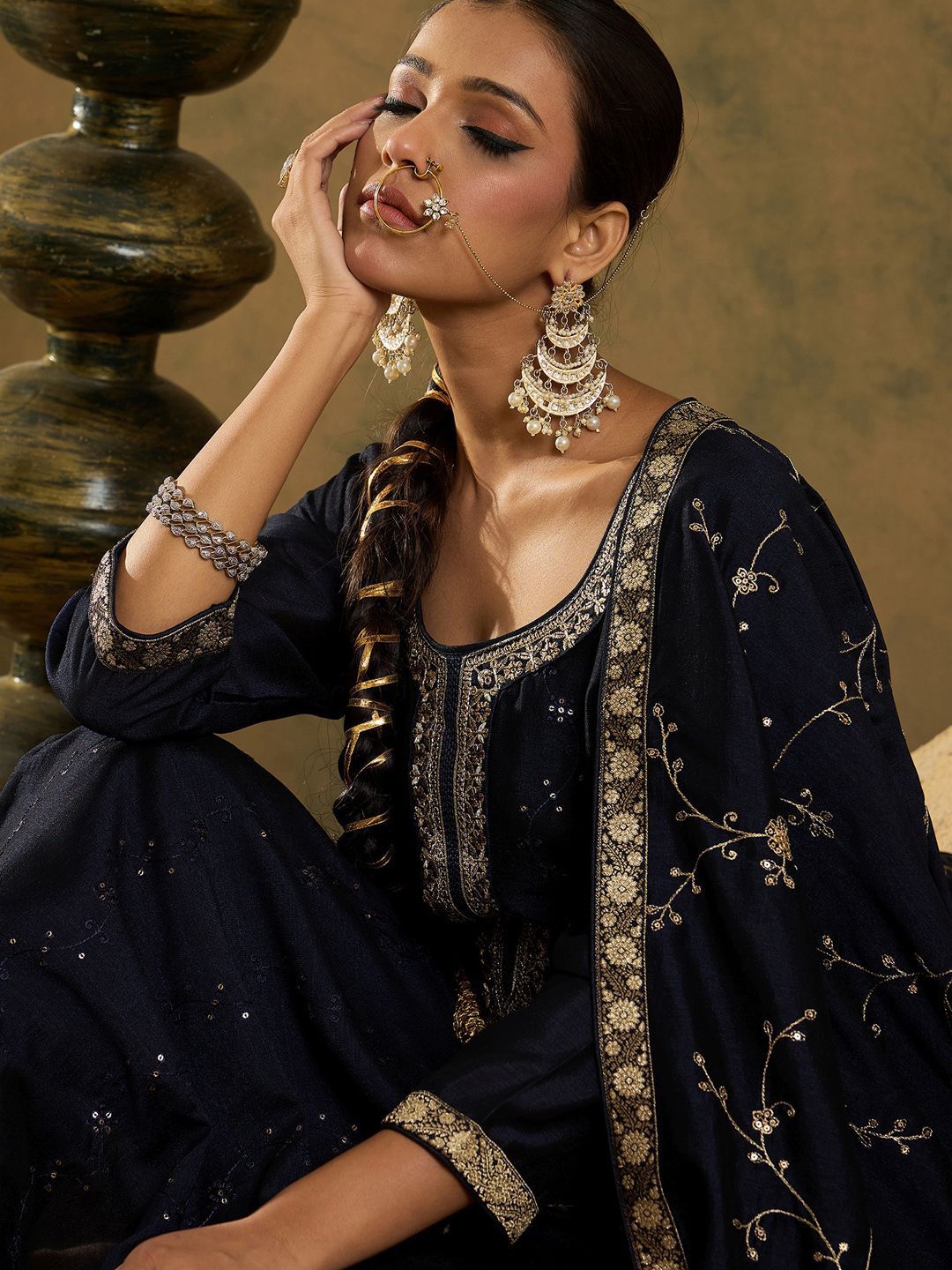 Indo Era Floral Embroidered Straightf Kurta with Trousers & Dupatta