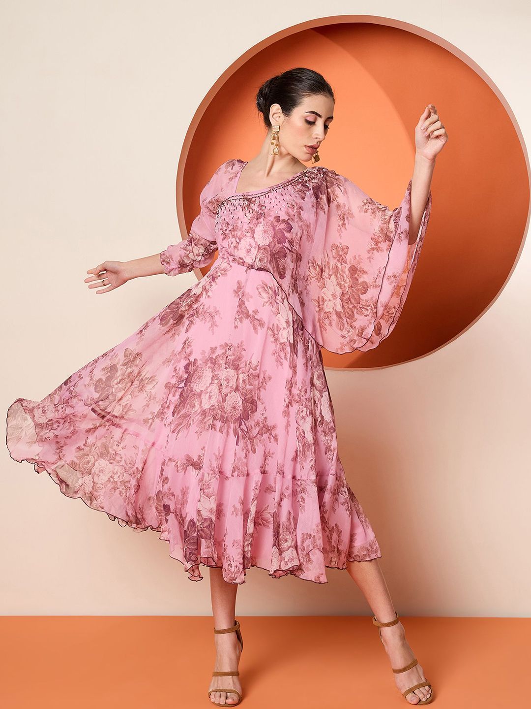 Antheaa Women Embellished Print Flared Sleeve A-Line Midi Dress