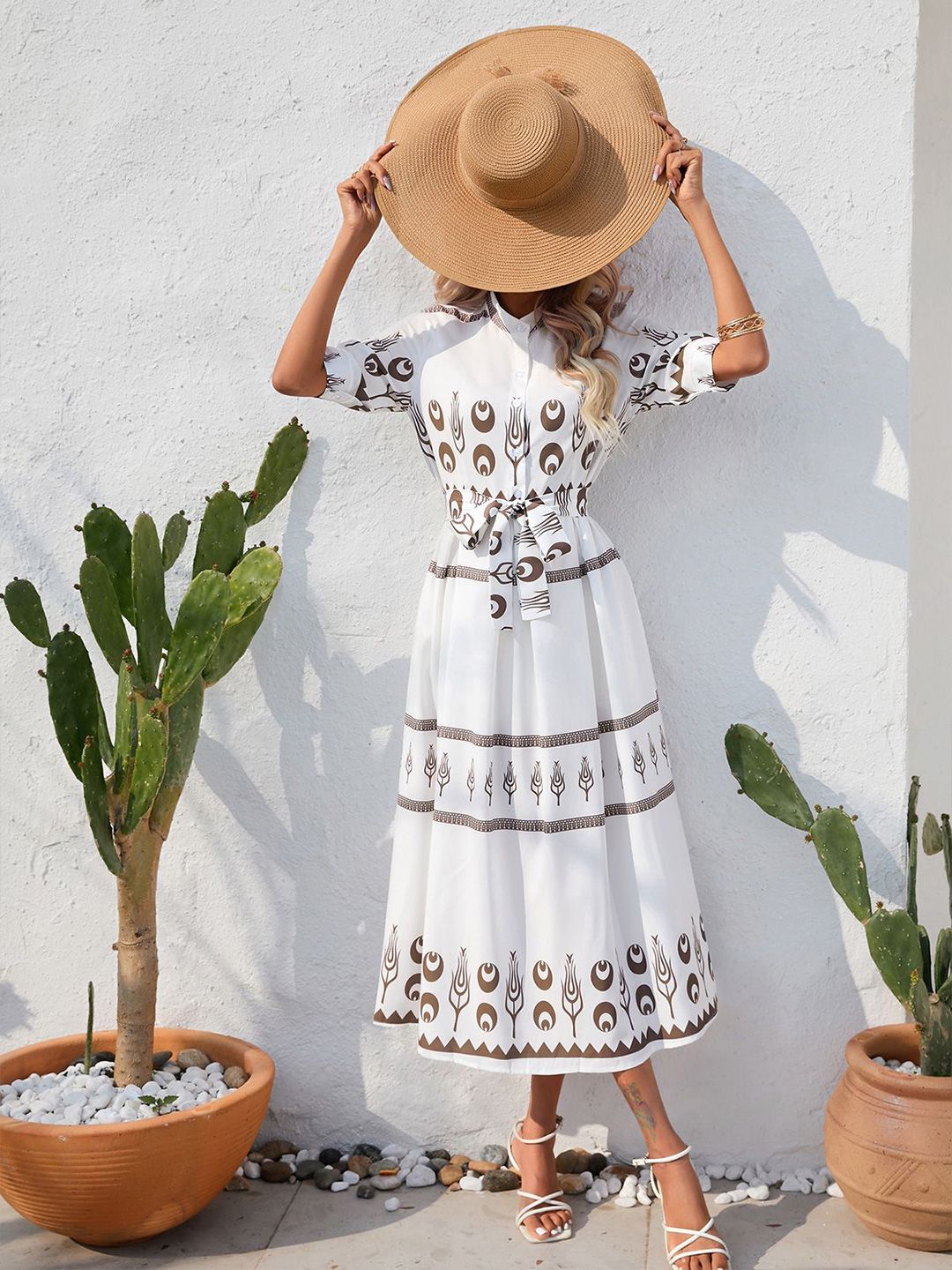 all about you Women Ethnic Print  Mandarin Collar A-Line Midi Dress