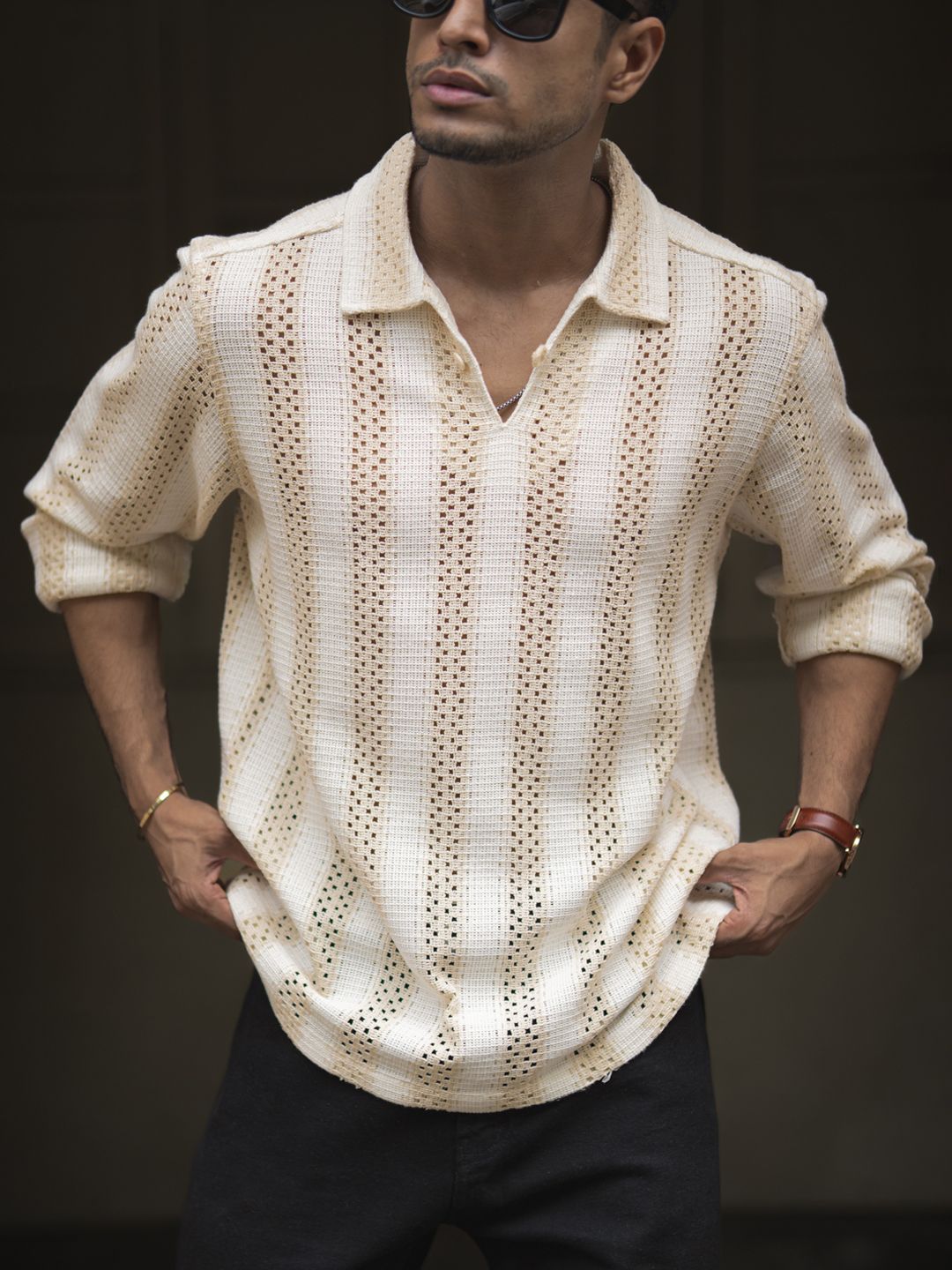 Powerlook Men Striped Polo Collar Relaxed Fit T-shirt