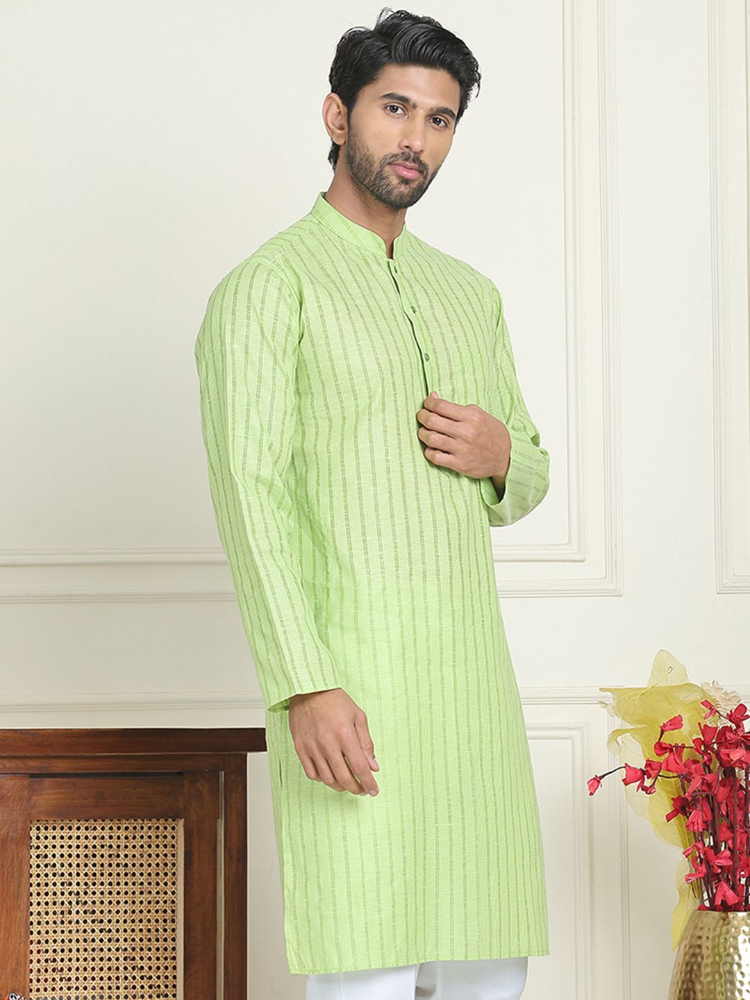Jompers Striped Mandarin Collar Pure Cotton Straight Kurtas