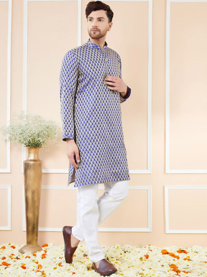See Designs Ethnic Motifs Woven Design Mandarin Collar Silk Jacquard Straight Kurta