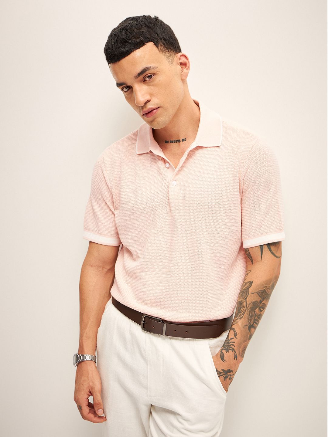 THE BEAR HOUSE Self Design Polo Collar T-Shirt