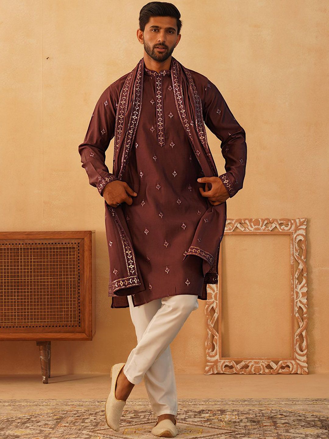 Jompers Floral Embroidered Sequinned Straight Kurta With Trousers & Dupatta