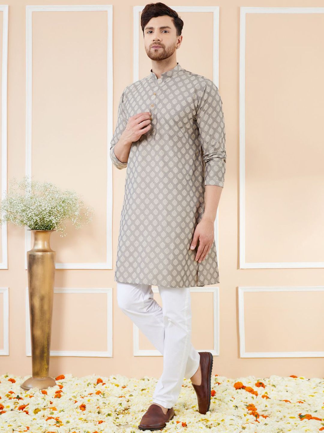See Designs Ethnic Motifs Woven Design Mandarin Collar Straight Kurta With Pyjamas
