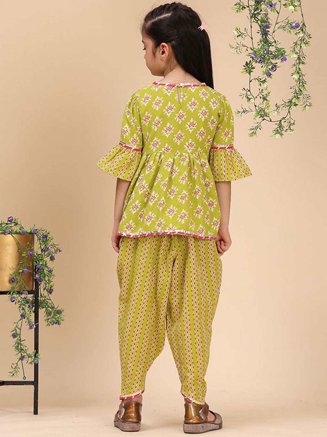Cutiekins Girls Ethnic Motifs Printed Angrakha Gotta Patti Kurta with Dhoti Pants