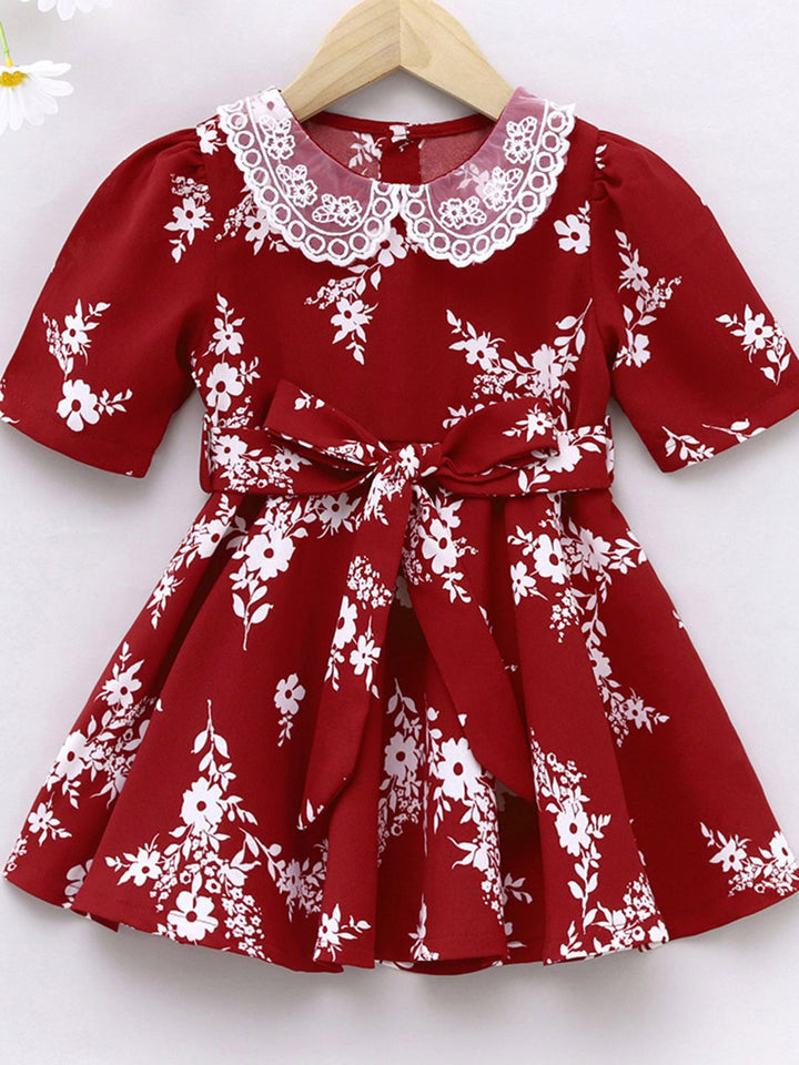 YK Girls Floral Printed Peter Pan Collar Tie-Ups Detail Dress