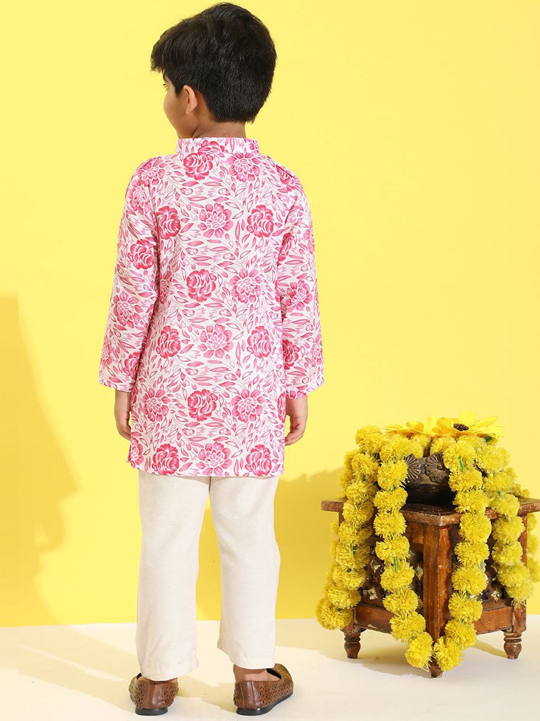 Cutiekins Boys Floral Printed Band Collar Straight Kurta With Pyjamas
