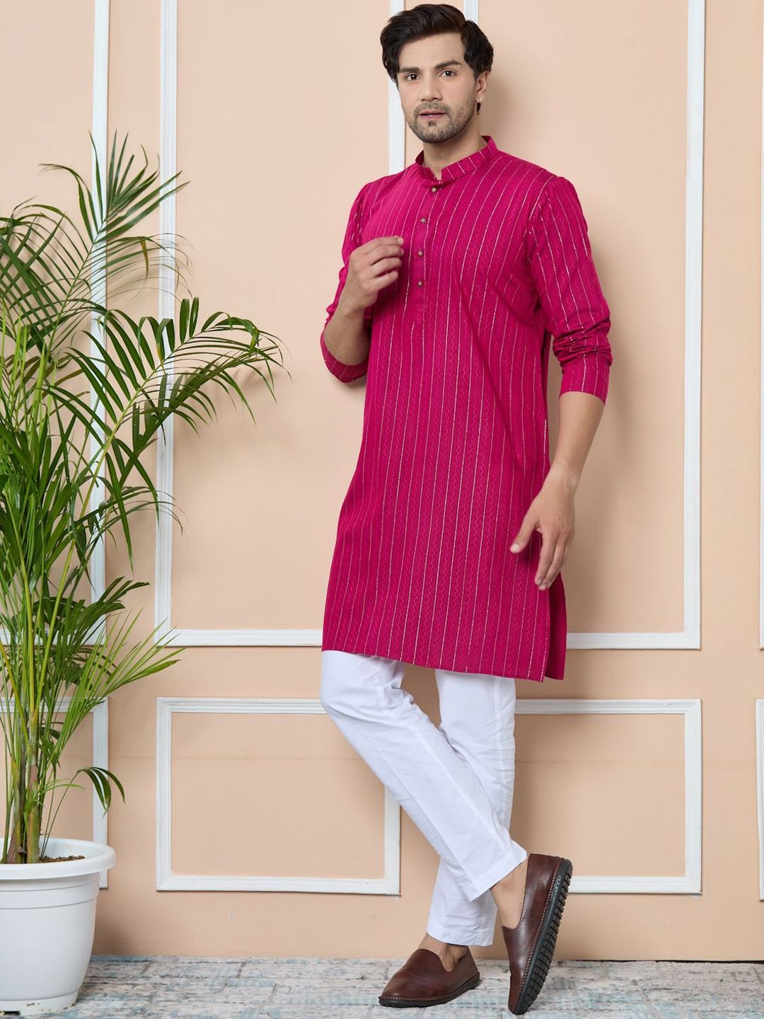 See Designs Men Striped Mirror Work Kurta