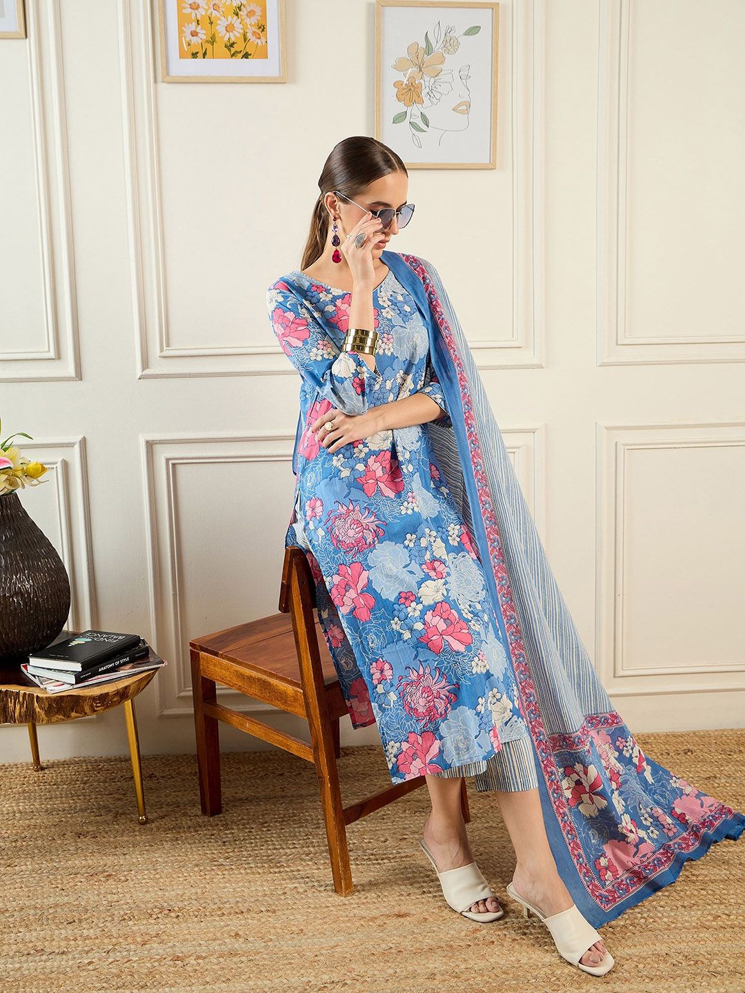 Indo Era Floral Printed Pure Cotton Kurta With Trousers & Dupatta