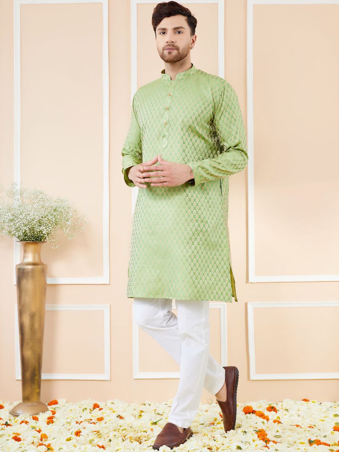 See Designs Ethnic Motifs Woven Design Mandarin Collar Pure Silk Straight Kurta