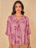 AND Print Tie-Up Neck Kimono Sleeve Top