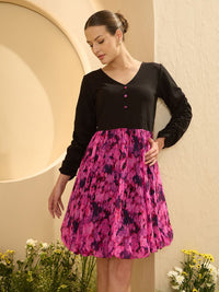 Antheaa Floral Colourblocked Chiffon Balloon Dress