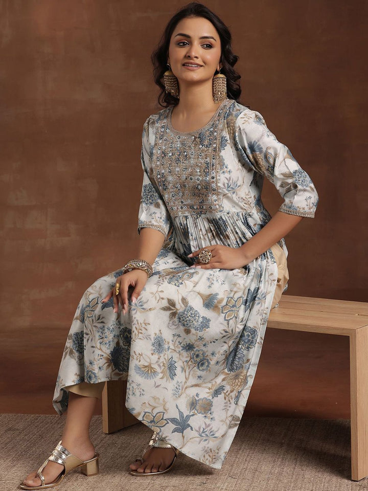 Libas Floral Printed Mirror Work High Slit Straight Kurta