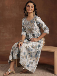 Libas Floral Printed Mirror Work High Slit Straight Kurta