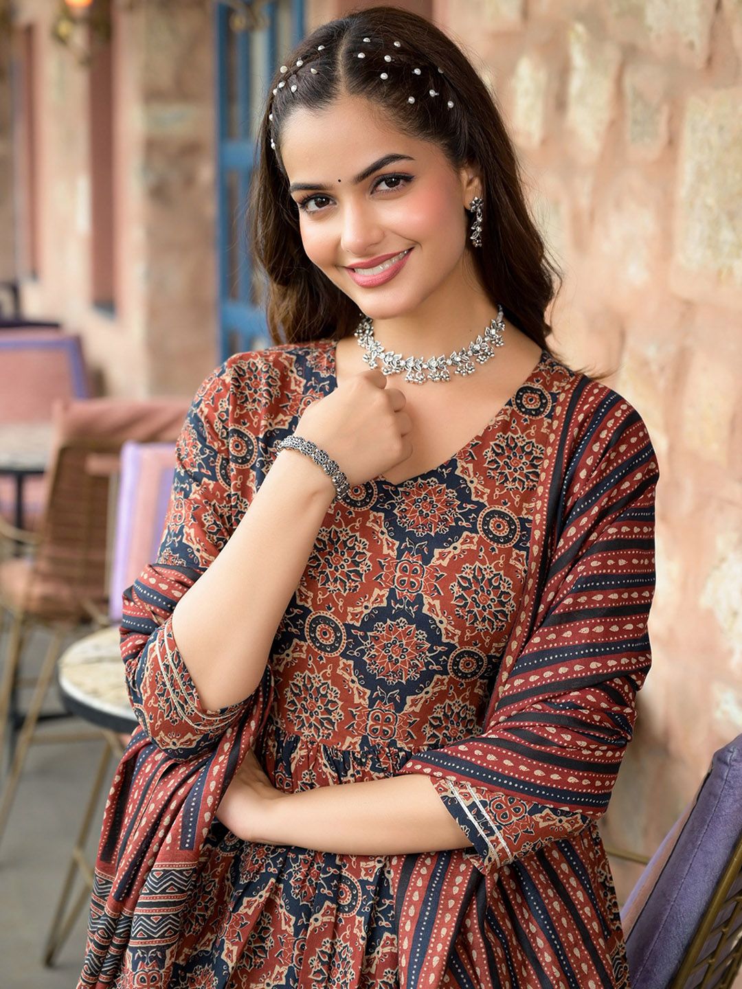 KALINI Ethnic Motifs Printed A-Line Kurta with Trousers & Dupatta