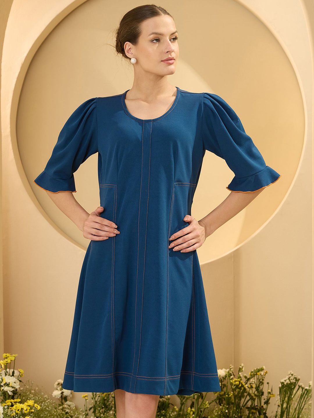 Antheaa Women Puff Sleeve A-Line Dress