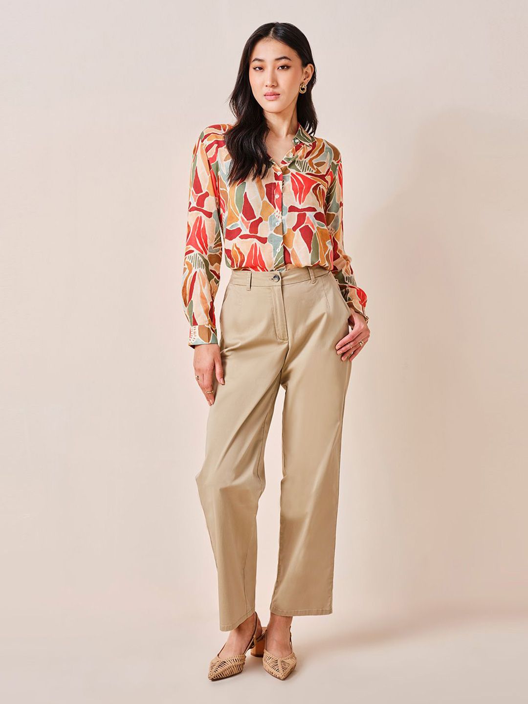 AND Print Tie-Up Neck Shirt Style Top