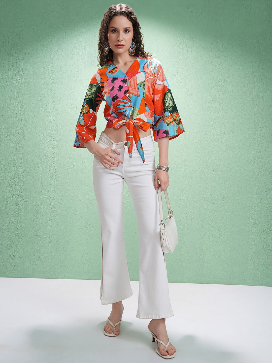 Vishudh Print Flared Sleeve Cotton Crop Top